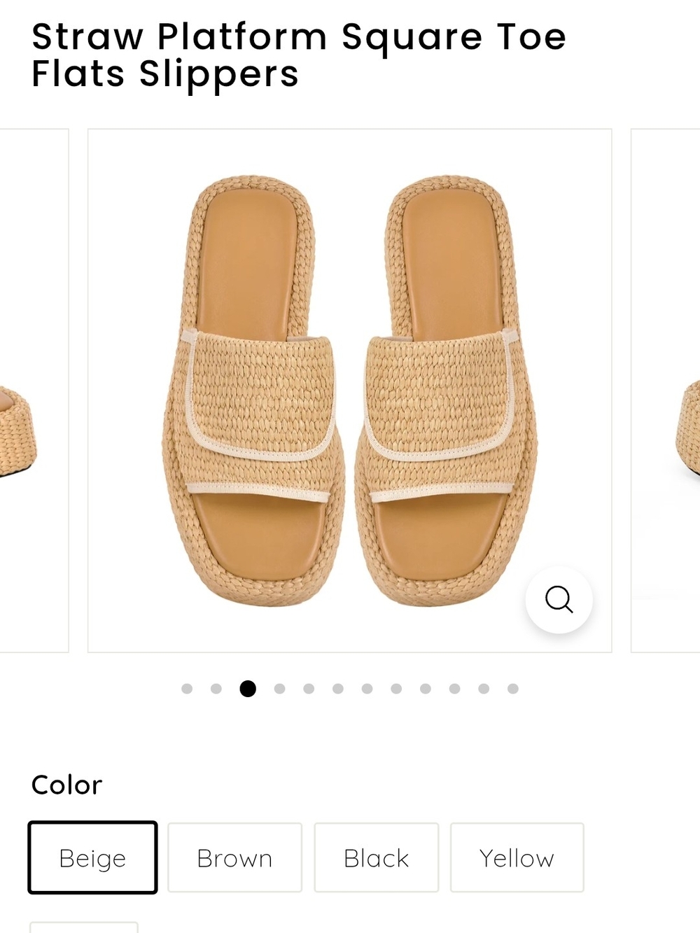 Beige Straw Platform Square Toe Slip-On Slippers